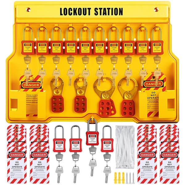 58-delars Lockout Tagout Kit, elektrisk säkerhet. Inkluderar hänglås, låsstation, hasp, taggar och zipband.