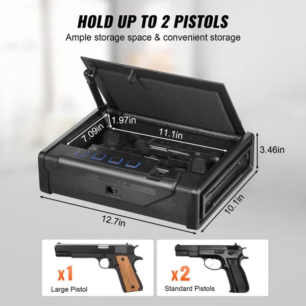 Biometrisk pistolskab med tre adgangsmetoder til opbevaring af to pistoler. Sikkerhed og nem adgang.