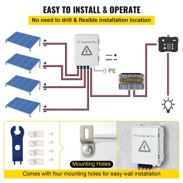 PV Kombineringslåda, 4-strängad, med 15A säkring, 63A brytare, åskskydd och solarkontakt för On/Off Grid-system, IP65.