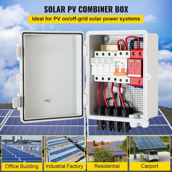 PV Kombineringslåda, 4-strängad, med 15A säkring, 63A brytare, åskskydd och solarkontakt för On/Off Grid-system, IP65.