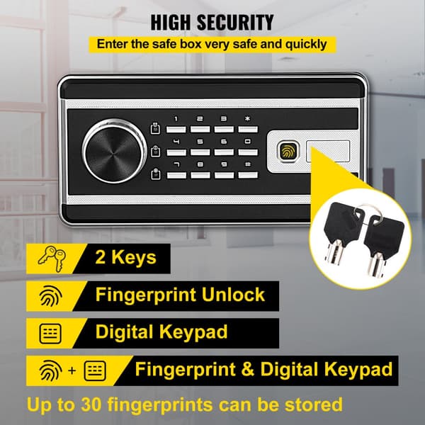 Pengeskab på 1,7 kubikfod med fingeraftryk og digitalt tastatur. Brandsikkert, vægmonteret til værdigenstande som kontanter og dokumenter.