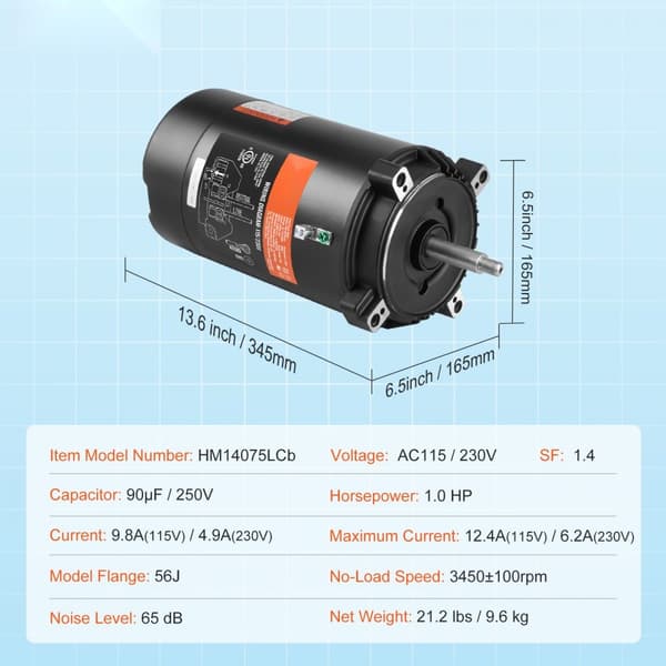 1HK poolpumpemotor 115/230V 9,8/4,9A 56J 3450RPM med 90μF/250V kondensator - effektiv drift til din pool.