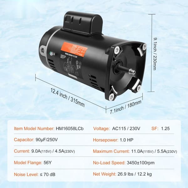 1HP poolpumpmotor 115/230V 9/4,5 ampere 56Y 3450RPM 90μF/250V kondensator