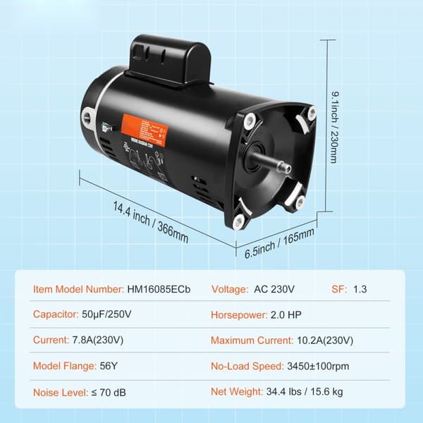 2HP poolpumpmotor 230V 60Hz 7,8A 56Y 3450RPM 50μF/250V kondensator