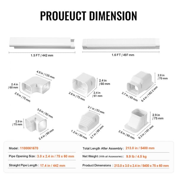 Mini Split Line Set Lock 76,2 mm B 5400 mm L, dekorativt PVC-rörskydd för AC, 10 kanaler, enkel installation, vit.