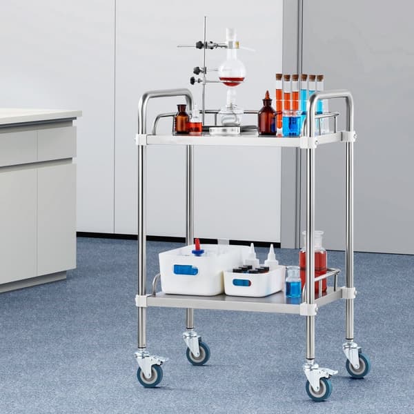 Ruostumattomasta teräksestä valmistettu 2-hyllyinen laboratoriokärry, kääntyvillä pyörillä, täydellinen klinikalle ja sairaalalle.