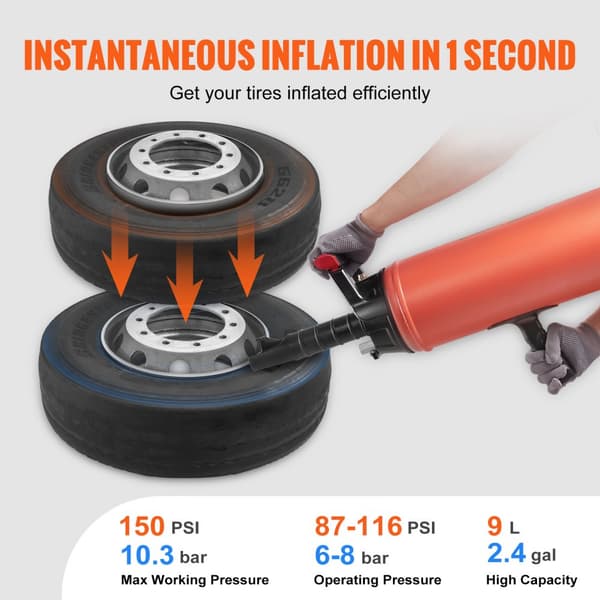 Dækperlebeholder, 2,4 Gal/9 L luftblæser til dækperler, 150 PSI håndholdt Bazooka, bærbar pumpe til traktor og bilreparation.