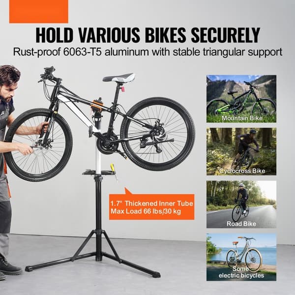 Cykelreparationsstativ i aluminium, 30 kg, justerbart, foldbart med magnetisk værktøjsbakke - perfekt til cykelvedligeholdelse derhjemme.