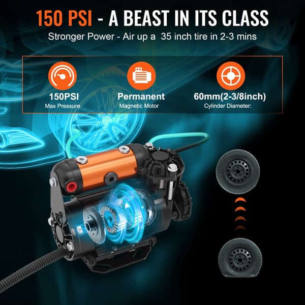 Den bærbare 12V luftkompressor til offroad dæk med 150 PSI og 3,5 CFM - ideel til hurtigt og effektivt pumpning.