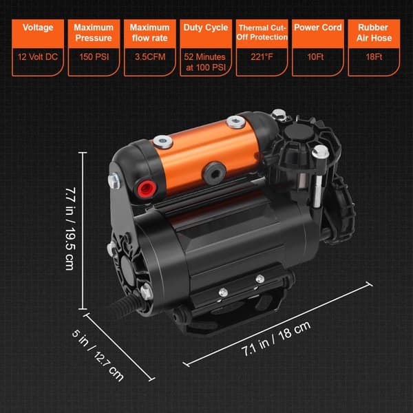 Den bærbare 12V luftkompressor til offroad dæk med 150 PSI og 3,5 CFM - ideel til hurtigt og effektivt pumpning.