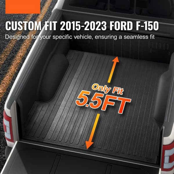 Lastbilsengemåtte til 2015-2023 Ford F150, 5,5 FT kort seng. Gummimåtte (1/4" tyk) beskytter mod vejr og skader.