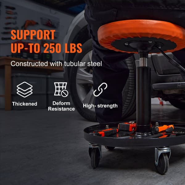 Mekanisk pall, 250 LBS rullande pneumatisk krypgarage, justerbar höjd 22-28 in, vadderad, verktygsbricka, svart+orange.