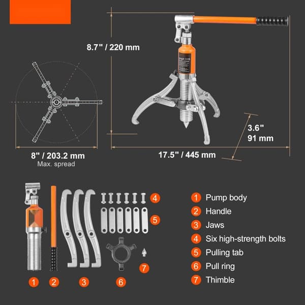 Hydraulinen hammaspyörän vedin, 5 tonnia, 2-3 leuan, pysty/vaaka, 8" leualla vetonapojen kotelolla.