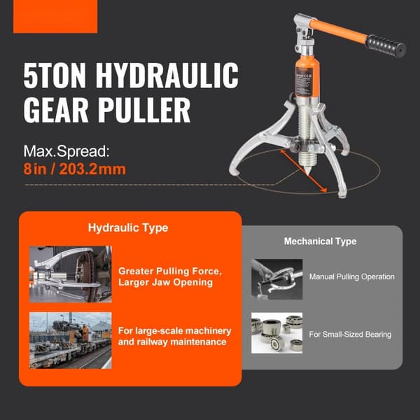 Hydraulinen hammaspyörän vedin, 5 tonnia, 2-3 leuan, pysty/vaaka, 8" leualla vetonapojen kotelolla.