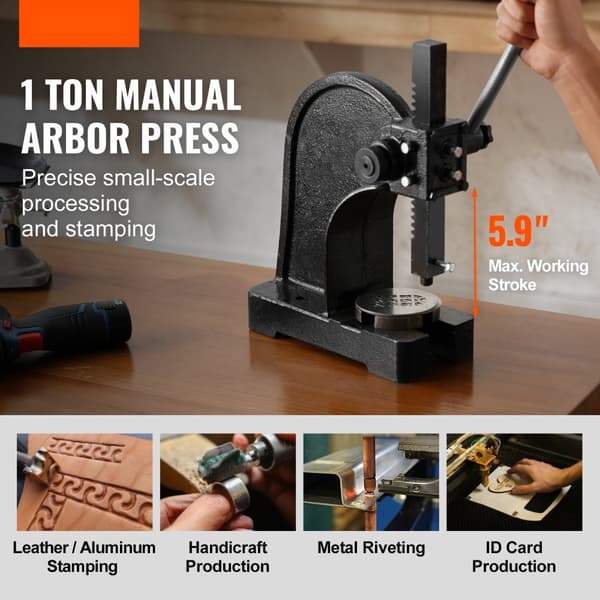 Arborpresse, 1 ton manuel, 5,9" max højde. Robust håndpresse i støbejern til præcisionsarbejde: stempling, bukning og strækning.