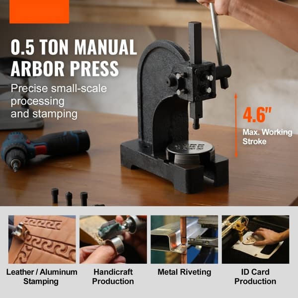 Arbor Press, 0,5 tonnin manuaalinen puristin, max. korkeus 4,6 tuumaa, valurautainen tarkkuuspuristin muotoiluun ja taivutukseen.
