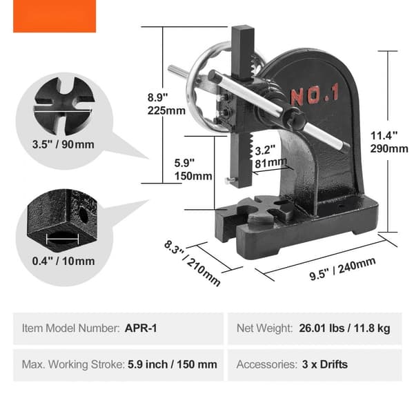 Arbor Press 1 Ton Nitpressmaskin med handhjul, robust gjutjärnsenhet för effektiv pressning.