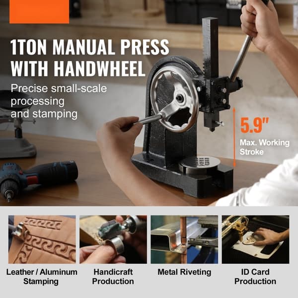 Arbor Press 1 Ton Nitpressmaskin med handhjul, robust gjutjärnsenhet för effektiv pressning.