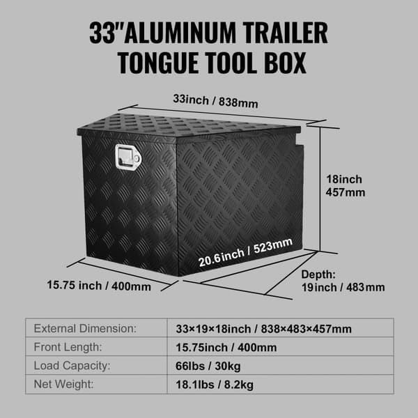 Trailer Tungeboks, Aluminium Diamantplade Værktøjskasse, Robust opbevaringsboks med lås til Pickup, RV og Trailer, 33"x19"x18".