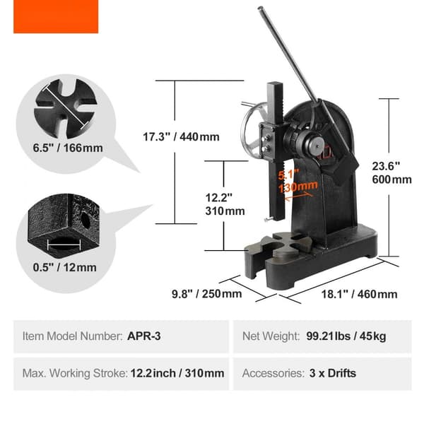 arborpress, 3 ton spärrtyp, manuell skrivbordsstanspress, 12,2" maxhöjd, för stämpling och bockning.