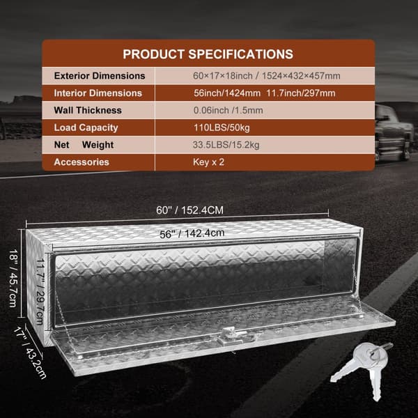 Undervognskasse 60"x17"x18", kraftig aluminium diamantværktøjskasse, med lås, vandtæt til lastbil og traileropbevaring.