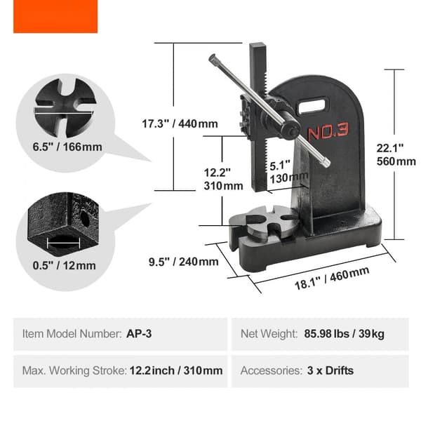 Arborpresse, 3 tons manuel, 12,2" max højde, solid støbejern desktop model til præcision stempling, bukning og formning.