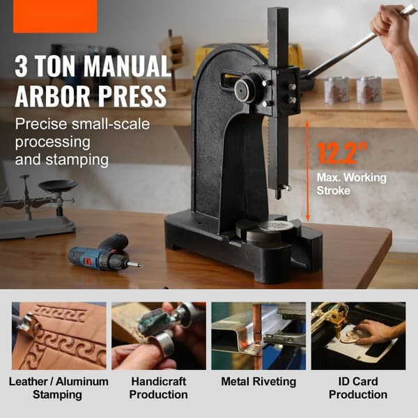 Arborpresse, 3 tons manuel, 12,2" max højde, solid støbejern desktop model til præcision stempling, bukning og formning.
