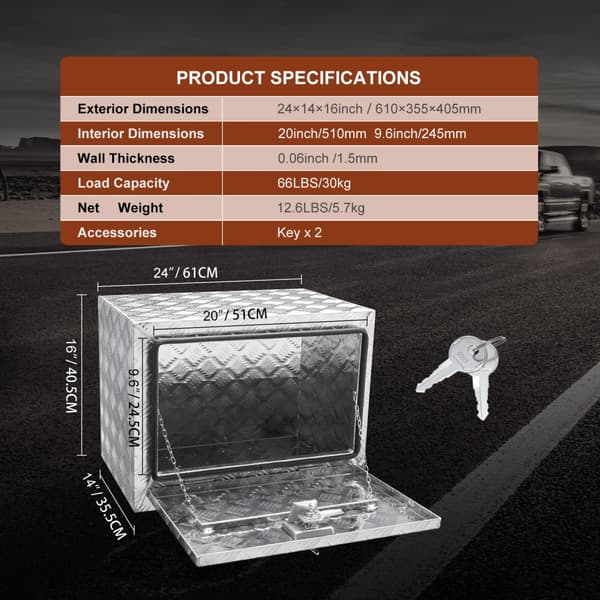 Undervognskasse, 24"×14"×16", robust aluminium diamantplade værktøjskasse med lås, vandtæt traileropbevaring til lastbil og varevogn.