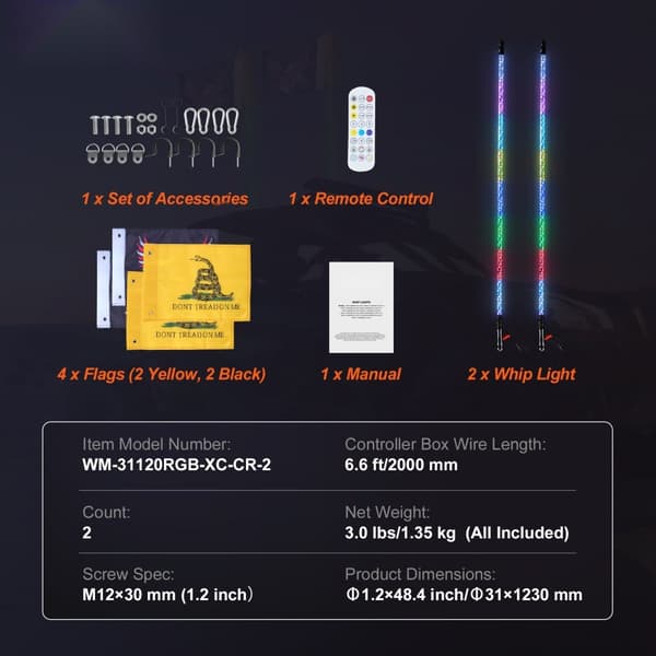 LED Piskelys 2 STK 4FT RGB Spiral Antenne Lys med Fjernbetjening & App til ATV, UTV, RZR.