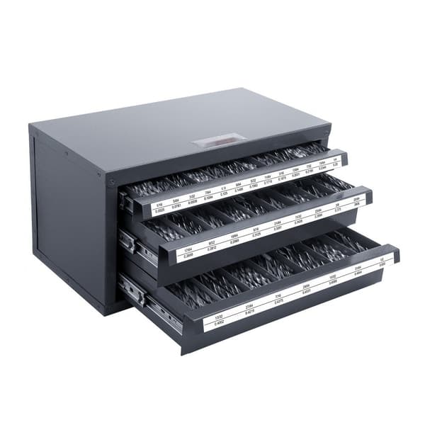 Borebits dispenser kabinet, tre-skuffers organizer til 1/16" - 1/2". Stål med etiketter, stabelbar til effektiv opbevaring.