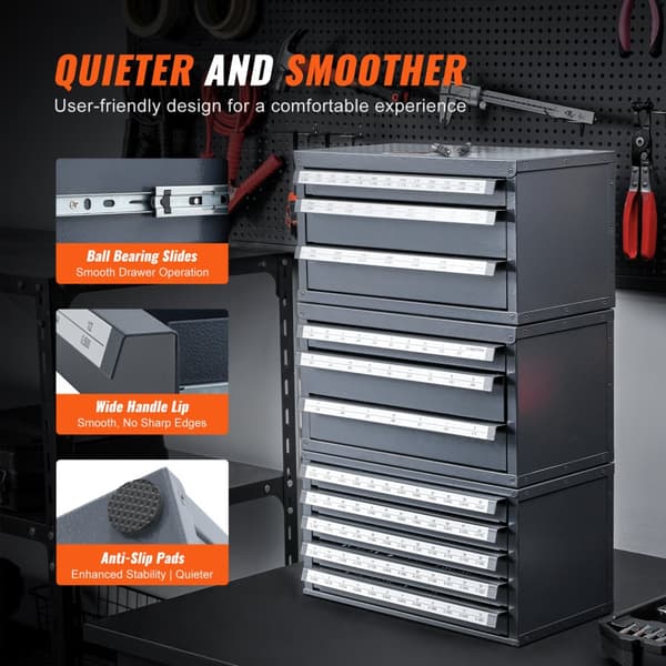 Borebits dispenser kabinet, tre-skuffers organiser til 1-13 mm, stål med etiketter, stabelbart til effektiv opbevaring.