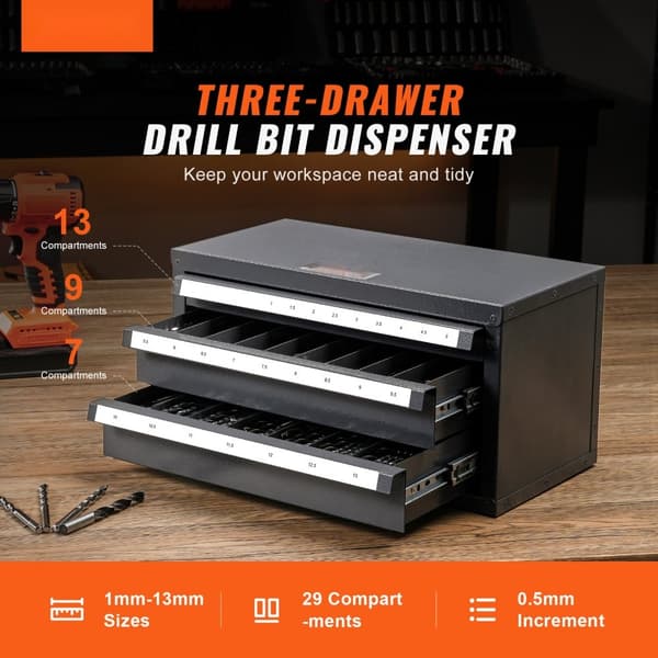 Borebits dispenser kabinet, tre-skuffers organiser til 1-13 mm, stål med etiketter, stabelbart til effektiv opbevaring.
