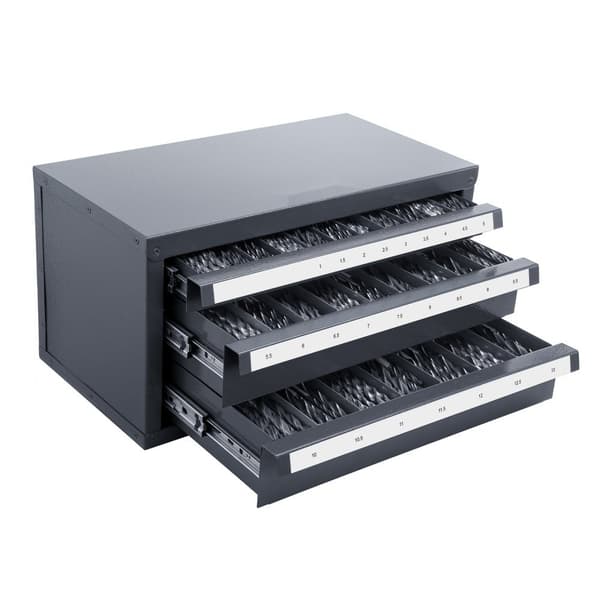 Borebits dispenser kabinet, tre-skuffers organiser til 1-13 mm, stål med etiketter, stabelbart til effektiv opbevaring.