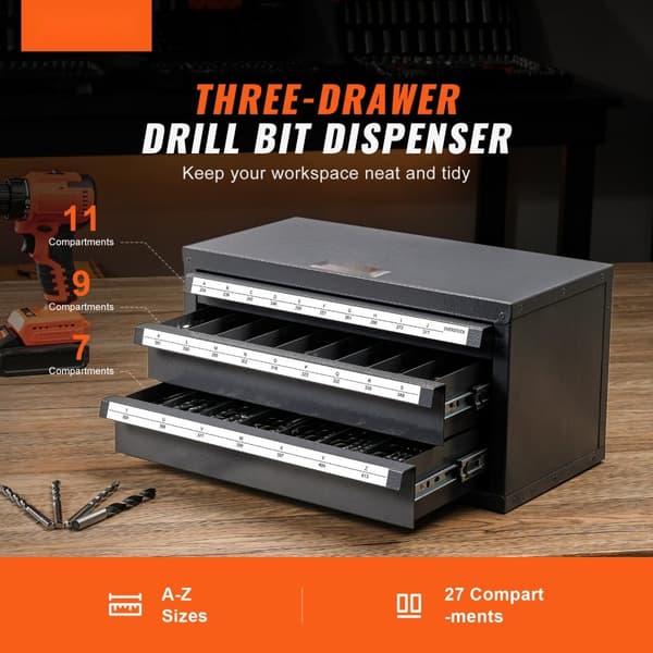 Borebit dispenser skab med tre skuffer, stabelbart design og etiketter til opbevaring; ideelt til organisering af stålbor.