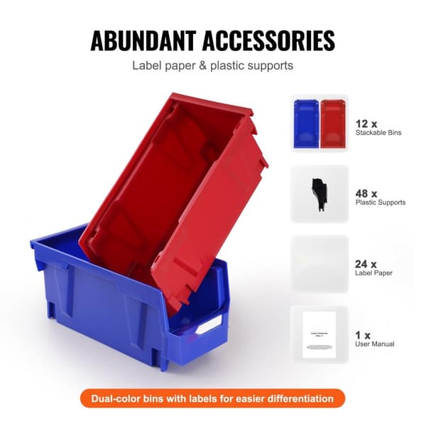 Plastförvaringsfack (11"x5"x5"), hängande, stapelbar, blå/röd, 12-pack, tunga för garderob, kök eller kontor.