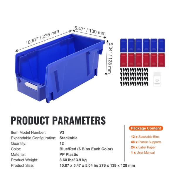 Plastförvaringsfack (11"x5"x5"), hängande, stapelbar, blå/röd, 12-pack, tunga för garderob, kök eller kontor.