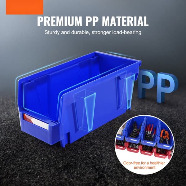 Plastförvaringsfack (11"x5"x5"), hängande, stapelbar, blå/röd, 12-pack, tunga för garderob, kök eller kontor.