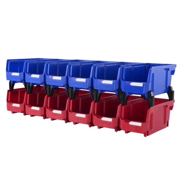 Plastförvaringsfack (11"x5"x5"), hängande, stapelbar, blå/röd, 12-pack, tunga för garderob, kök eller kontor.