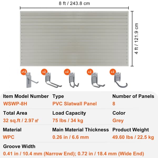 Slatwall-paneler i grå til garagevæg, 12"H x 48"L. Sæt med 8 paneler til tungt brug - ideel til opbevaring og display.
