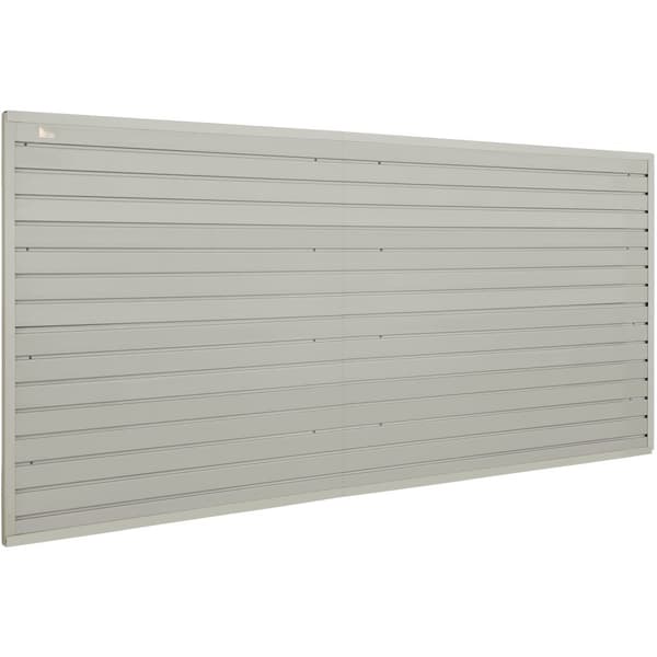 Slatwall-paneler i grå til garagevæg, 12"H x 48"L. Sæt med 8 paneler til tungt brug - ideel til opbevaring og display.