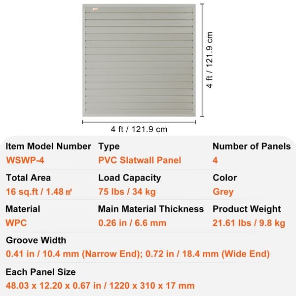 Slatwall paneler, 4 ft x 1 ft grå garagepaneler (sæt med 4) - slidstærk vægorganisator til garage og butik. Ideel til opbevaring!
