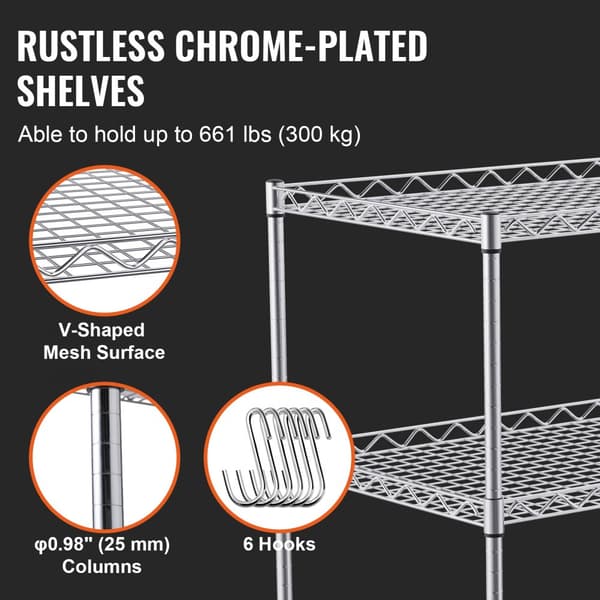 Kolme tasoa, 661 LBS kapasiteetti, teräksinen keittiövaunu pyörillä, 80 mm syvä, 6 koukkua, sisä- ja ulkokäyttöön.