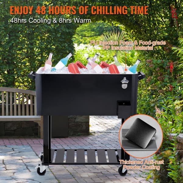 Rolling Ice Chest - 80 litran kannettava baarijäähdytin pyörillä, pullonavaaja, musta, täydellinen juhliin ja uima-altaalle.
