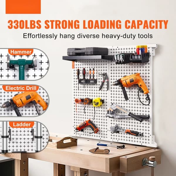 32"x32" Pegboard-seinäpidike, 330 LBS, 25 työkalua, koukut ja hyllyt varastoinnin helpottamiseksi.