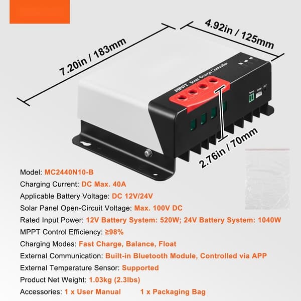 40A MPPT aurinkolatausohjain, 12/24 V, Bluetooth, 98 % tehokkuus AGM-, geeli-, tulva- ja litiumakuille.