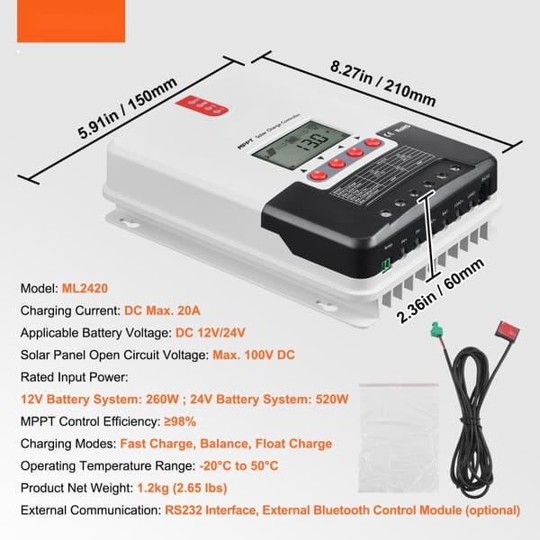 20A MPPT Solcelle Ladercontroller, 12V/24V Auto DC Indgang, Solar Regulator med LCD Display, Temperatursensor, til AGM, Gel og Lithium batterier.