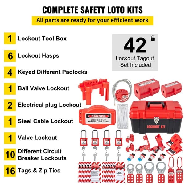 42 kpl Lockout Tagout -sarja, sähköturvalliset lukot, tunnisteet ja työkalut teollisuuden riskeihin.
