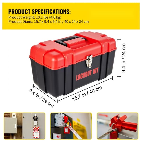 42 kpl Lockout Tagout -sarja, sähköturvalliset lukot, tunnisteet ja työkalut teollisuuden riskeihin.