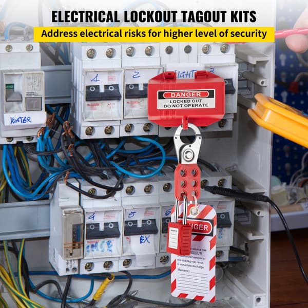 42 kpl Lockout Tagout -sarja, sähköturvalliset lukot, tunnisteet ja työkalut teollisuuden riskeihin.