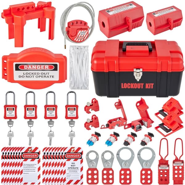 42 kpl Lockout Tagout -sarja, sähköturvalliset lukot, tunnisteet ja työkalut teollisuuden riskeihin.